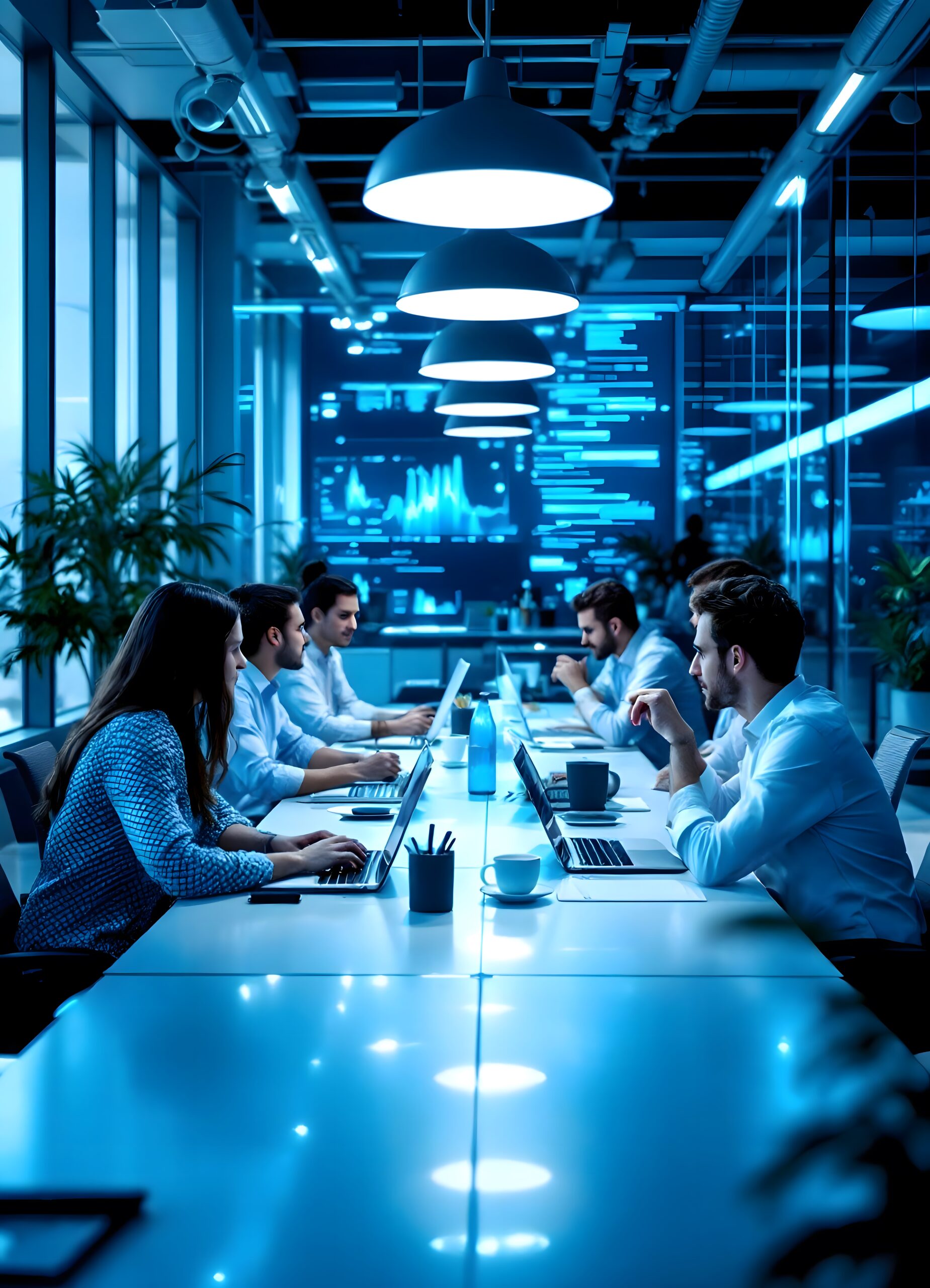 Nighttime Office Scene: Programmers Working Late on Software Development Project Team of programmers working late in a modern office, illuminated by blue light, focused on their laptops and a large screen showcasing code.